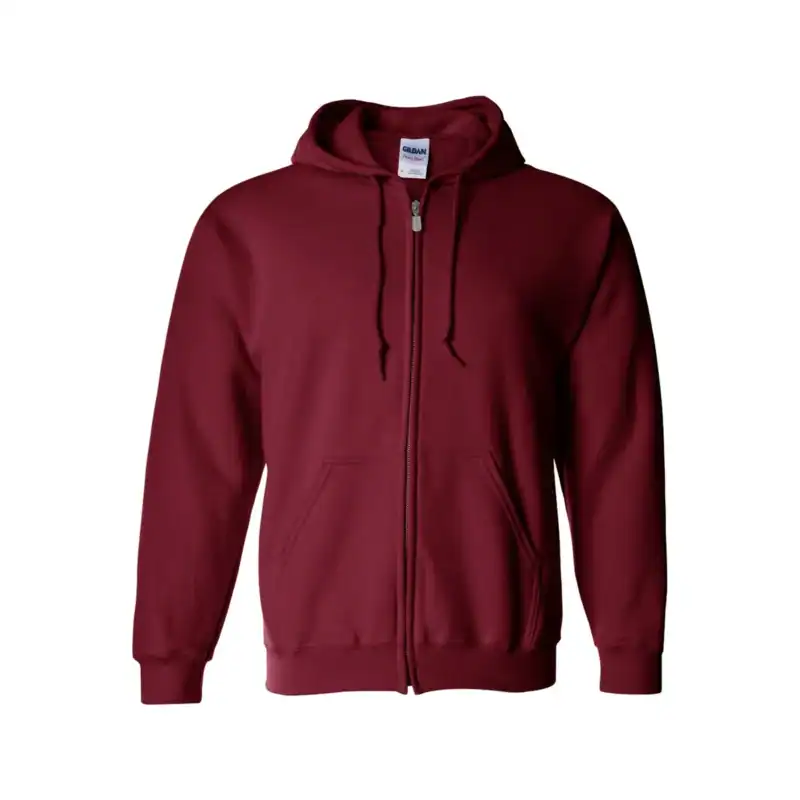 Maroon full-zip hoodie with front pockets and drawstring hood.