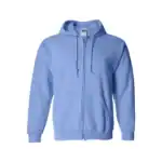 Light blue full-zip hoodie with drawstrings and front pockets.