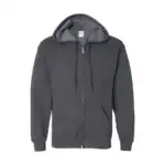 Dark gray full-zip hoodie with front pockets and drawstring hood.