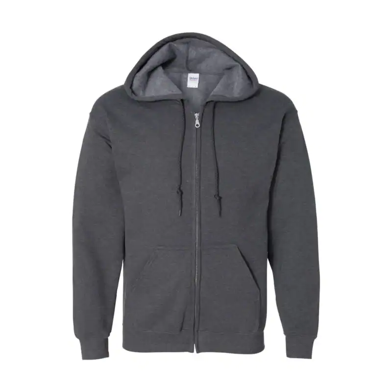 Dark gray full-zip hoodie with front pockets and drawstring hood.