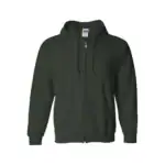Dark green full-zip hoodie with front pockets and drawstring hood.