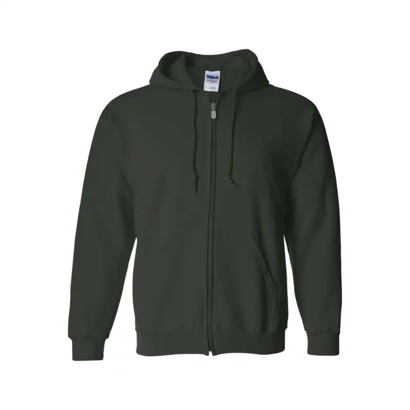 Dark green full-zip hoodie with front pockets and drawstring hood.