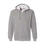 Gray full-zip hoodie with front pockets and drawstring hood for casual wear.