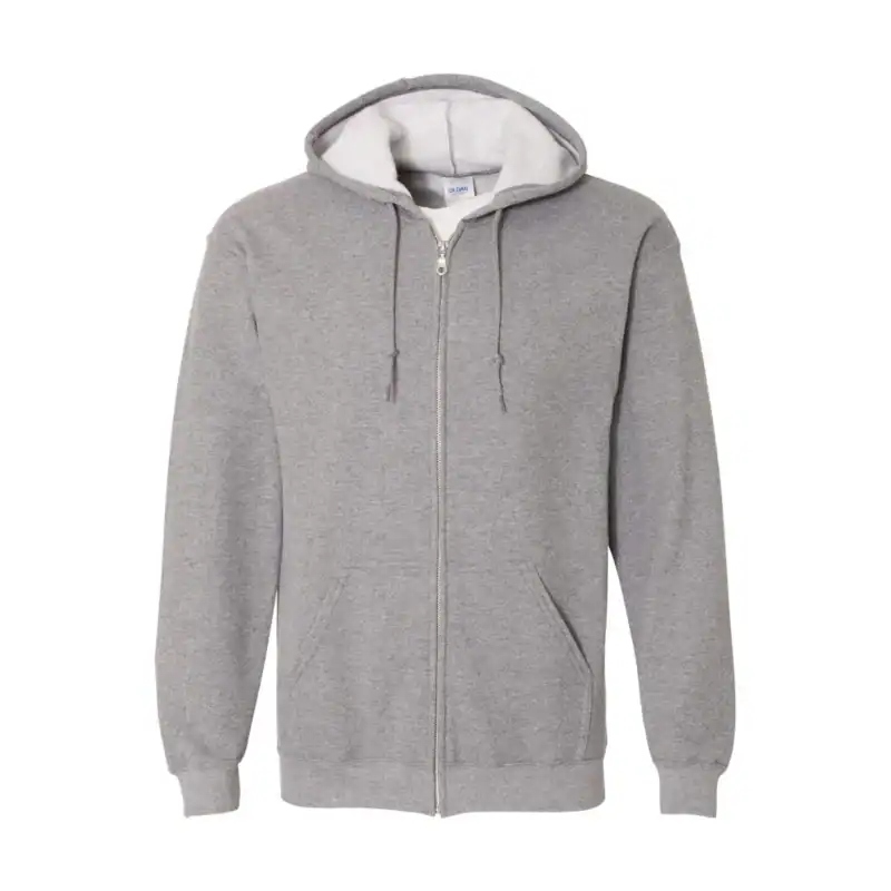 Gray full-zip hoodie with front pockets and drawstring hood for casual wear.