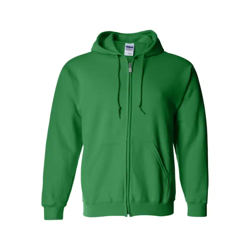 Green full-zip hoodie with front pockets and drawstring hood.
