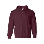 Maroon full-zip hoodie with front pockets and drawstring hood.