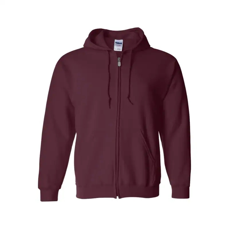 Maroon full-zip hoodie with front pockets and drawstring hood.