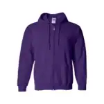 Purple Gildan 18600 full-zip hoodie with front pockets and drawstring hood.