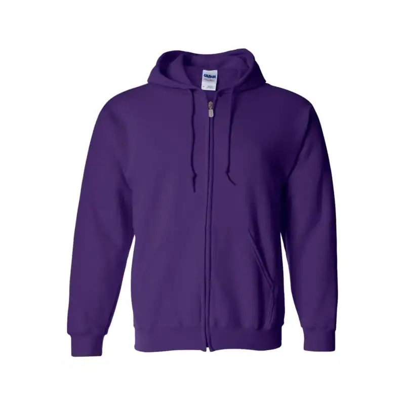 Purple Gildan 18600 full-zip hoodie with front pockets and drawstring hood.