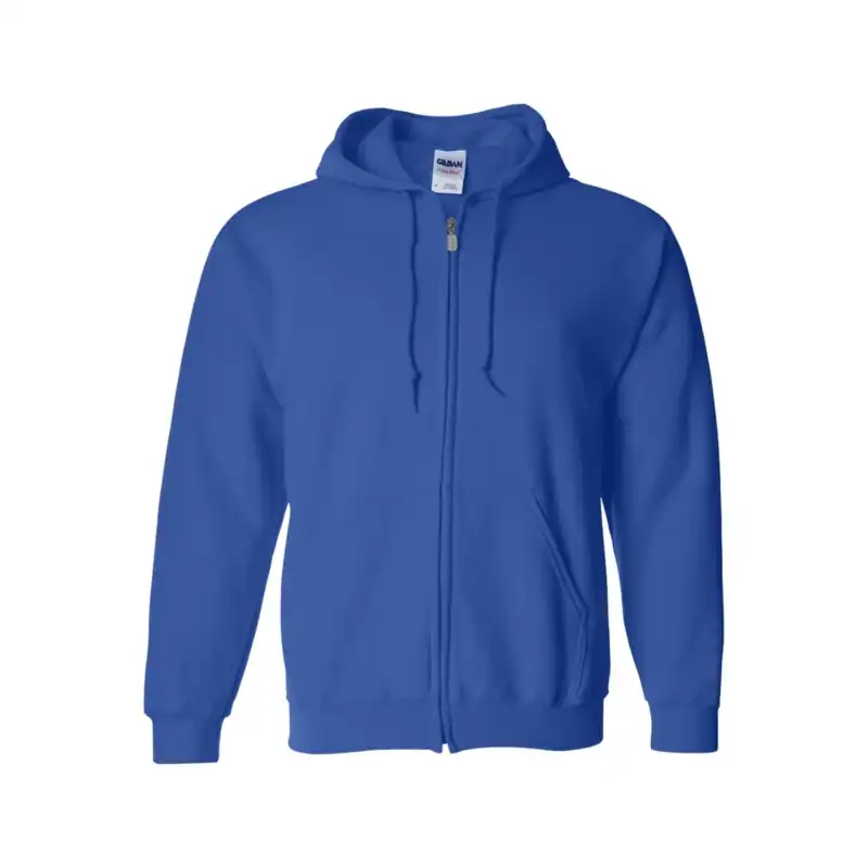 Blue full-zip hoodie with drawstring hood and front pockets for customization.