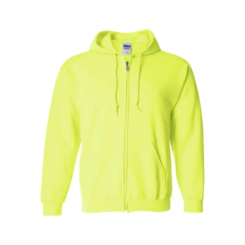 Bright yellow full-zip hoodie with drawstring hood and front pockets.