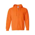 Bright orange full-zip hoodie with front pockets and drawstring hood.