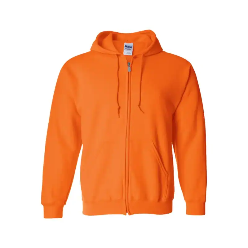 Bright orange full-zip hoodie with front pockets and drawstring hood.