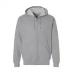 Gray full-zip hoodie with front pockets and drawstring hood for casual wear.