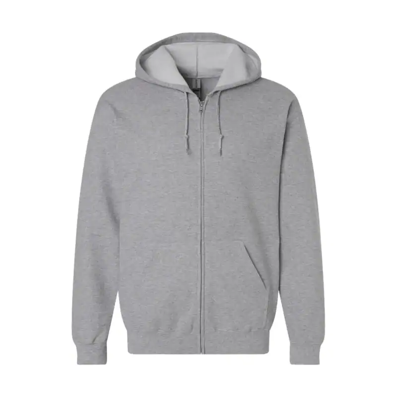 Gray full-zip hoodie with front pockets and drawstring hood for casual wear.