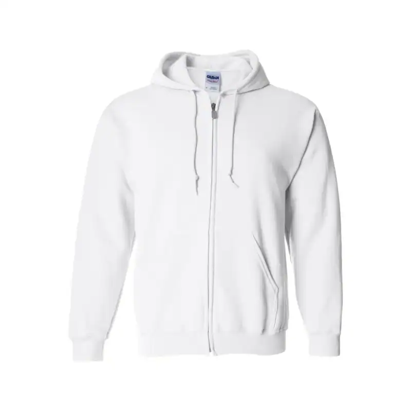 White full-zip hoodie with drawstrings and front pockets for customization.
