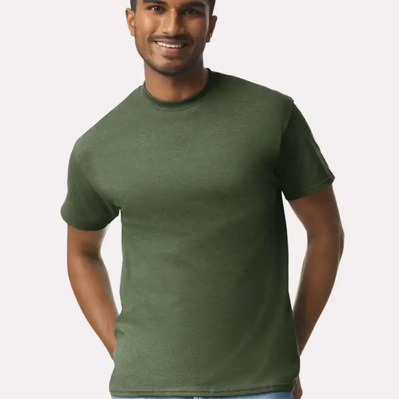 Military Green Custom Gildan Ultra Cotton T-Shirt – 2000 (100% Cotton) shown on model