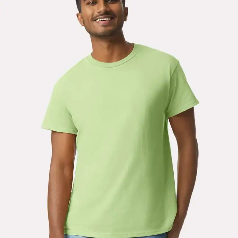 Pistachio Custom Gildan Ultra Cotton T-Shirt – 2000 (100% Cotton) shown on model