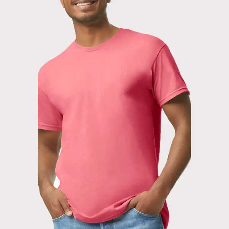 Coral Silk Custom Heavyweight T-Shirt – Gildan 5000 | 100% Cotton Custom Print Tee shown on model