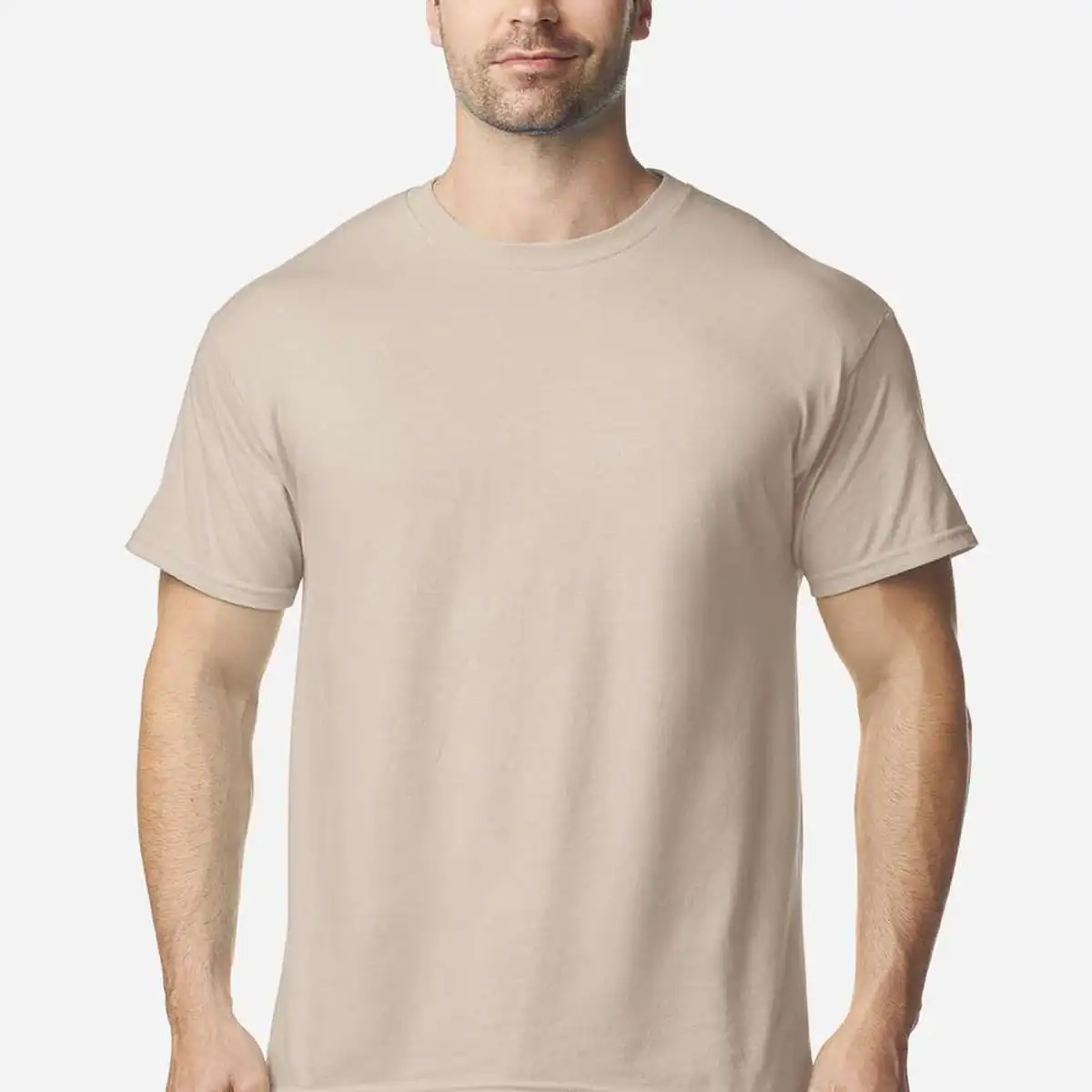 Sand Custom Heavyweight T-Shirt – Gildan 5000 | 100% Cotton Custom Print Tee shown on model