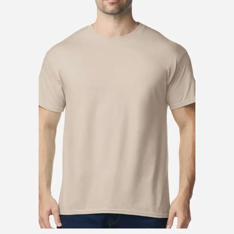 Sand Custom Heavyweight T-Shirt – Gildan 5000 | 100% Cotton Custom Print Tee shown on model