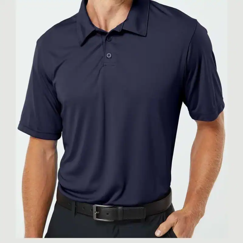 Navy Augusta Short Sleeve Polo Shirt - Custom Embroidered Polos for Business and Team Uniforms shown on model