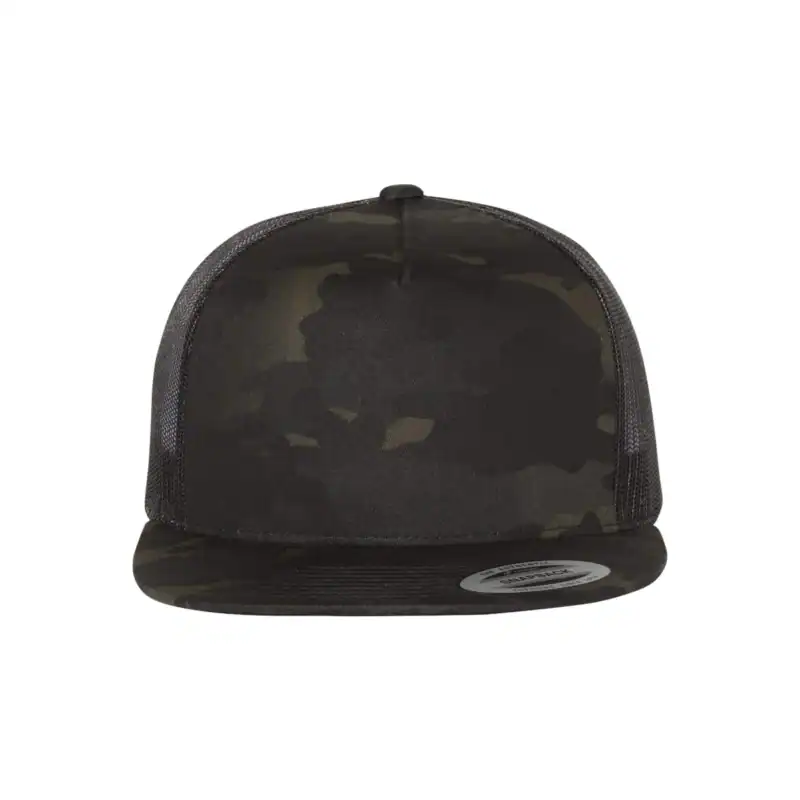 Custom Yupoong 6006 Five-Panel Trucker Hat – Flat Bill Snapback – Black Camo/Black Color Image Black Camo/Black Custom Yupoong 6006 Five-Panel Trucker Hat – Flat Bill Snapback
