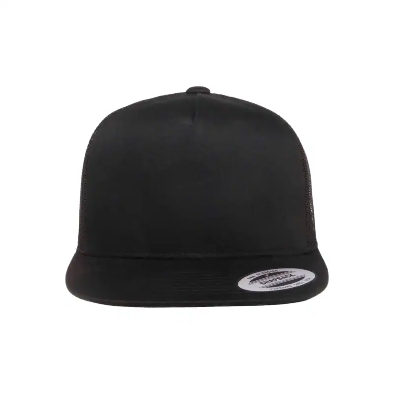 Black Custom Yupoong 6006 Five-Panel Trucker Hat – Flat Bill Snapback