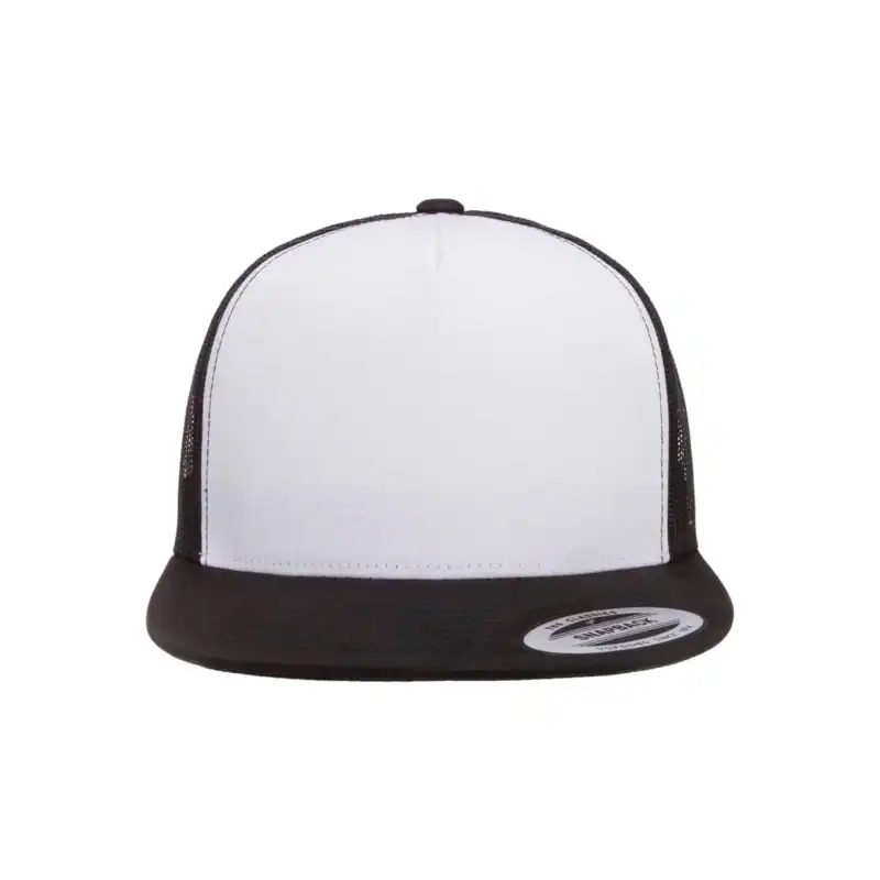 Black/ White/ Black Custom Yupoong 6006 Five-Panel Trucker Hat – Flat Bill Snapback