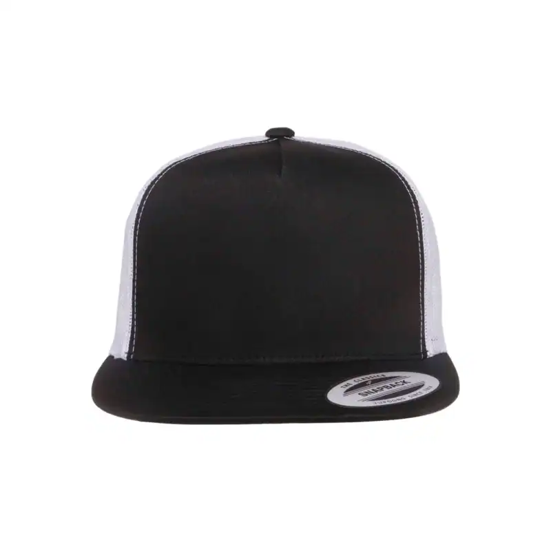 Black/White Custom Yupoong 6006 Five-Panel Trucker Hat – Flat Bill Snapback
