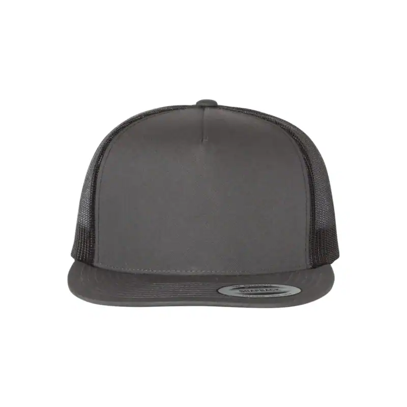 Charcoal/Black Custom Yupoong 6006 Five-Panel Trucker Hat – Flat Bill Snapback