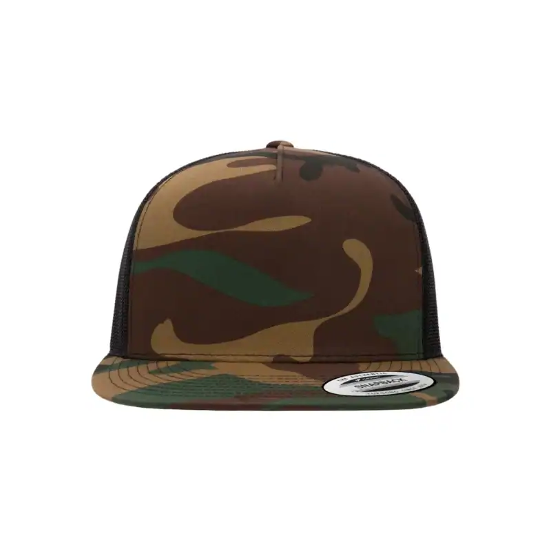 Green Camo/ Black Custom Yupoong 6006 Five-Panel Trucker Hat – Flat Bill Snapback