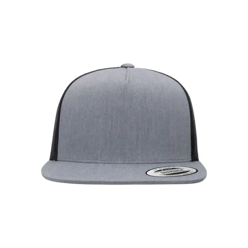 Heather/ Black Custom Yupoong 6006 Five-Panel Trucker Hat – Flat Bill Snapback