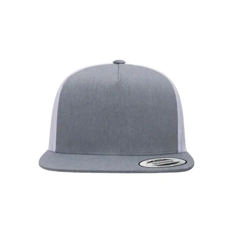 Heather/ White Custom Yupoong 6006 Five-Panel Trucker Hat – Flat Bill Snapback
