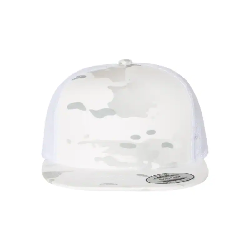 Multicam Alpine/ White Custom Yupoong 6006 Five-Panel Trucker Hat – Flat Bill Snapback
