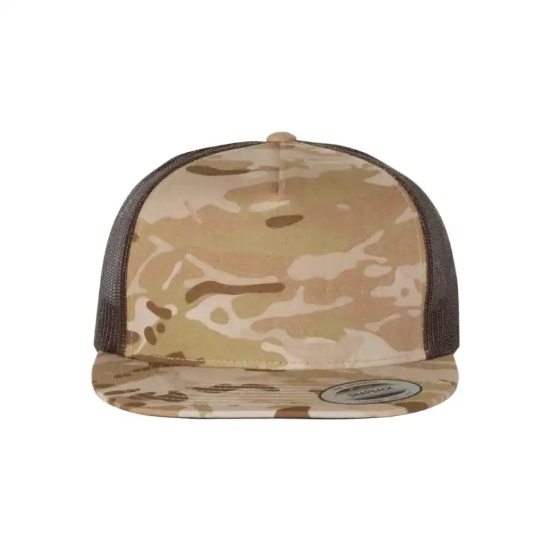 Multicam Arid/ Brown Custom Yupoong 6006 Five-Panel Trucker Hat – Flat Bill Snapback