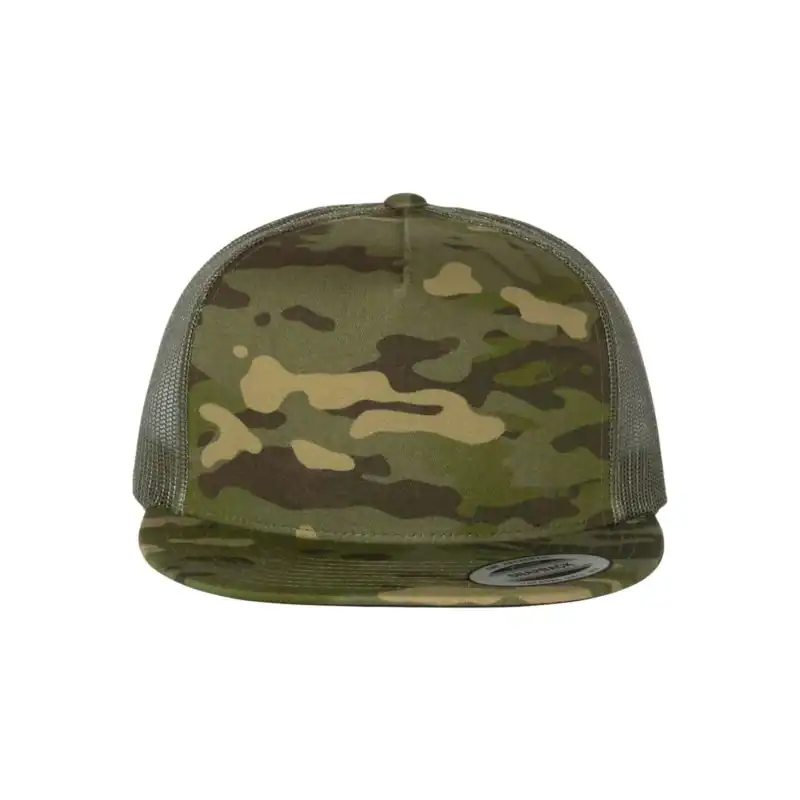Multicam Tropic/ Green Custom Yupoong 6006 Five-Panel Trucker Hat – Flat Bill Snapback