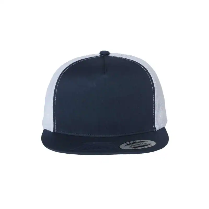Navy/White Custom Yupoong 6006 Five-Panel Trucker Hat – Flat Bill Snapback