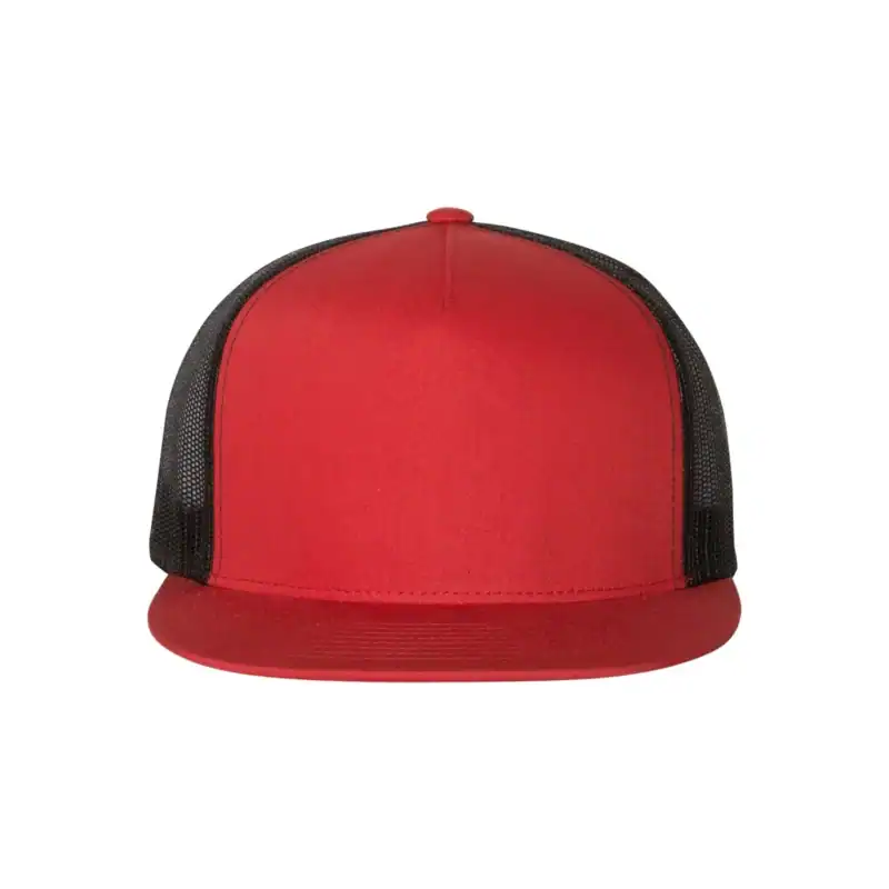 Red/Black Custom Yupoong 6006 Five-Panel Trucker Hat – Flat Bill Snapback