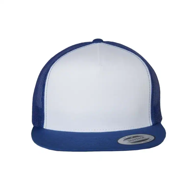 Royal/ White/ Royal Custom Yupoong 6006 Five-Panel Trucker Hat – Flat Bill Snapback