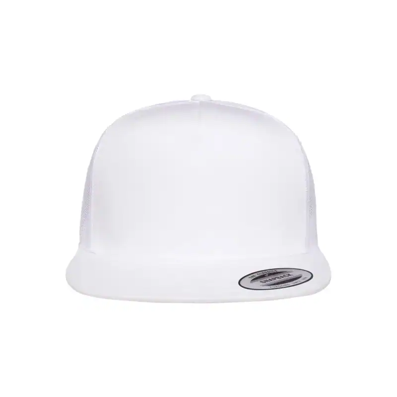 White Custom Yupoong 6006 Five-Panel Trucker Hat – Flat Bill Snapback
