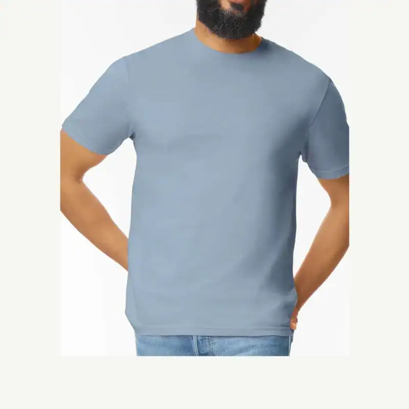 Custom Gildan 64000 T-Shirt – Stone Blue – on model – C64000