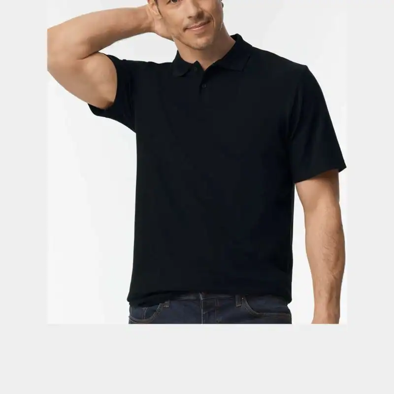 Black Custom Embroidered Polo Shirt – Gildan Softstyle® Adult Pique Polo 64800 shown on model