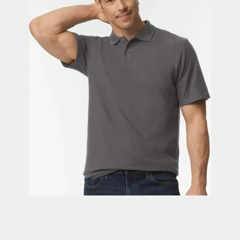 Charcoal Custom Embroidered Polo Shirt – Gildan Softstyle® Adult Pique Polo 64800 shown on model