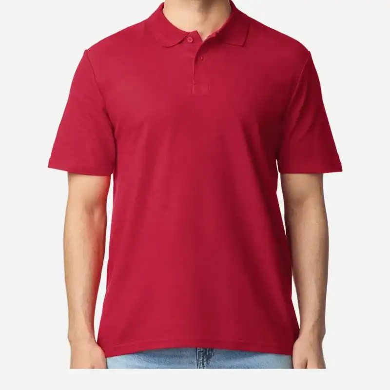 Cherry Red Custom Embroidered Polo Shirt – Gildan Softstyle® Adult Pique Polo 64800 shown on model