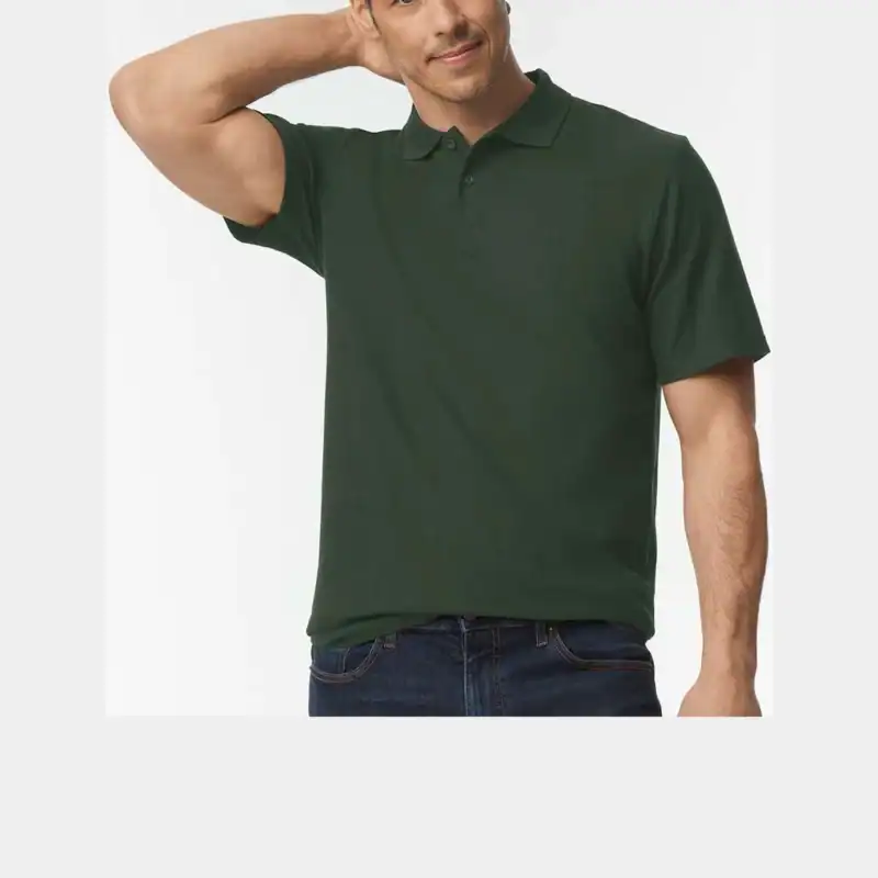 Forest Green Custom Embroidered Polo Shirt – Gildan Softstyle® Adult Pique Polo 64800 shown on model