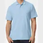 Light Blue Custom Embroidered Polo Shirt – Gildan Softstyle® Adult Pique Polo 64800 shown on model