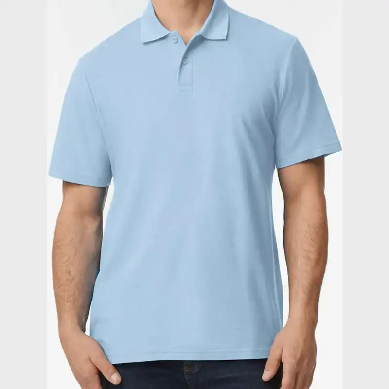 Light Blue Custom Embroidered Polo Shirt – Gildan Softstyle® Adult Pique Polo 64800 shown on model