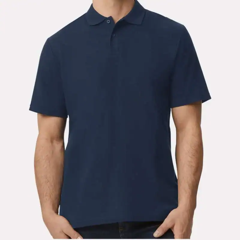 Navy Custom Embroidered Polo Shirt – Gildan Softstyle® Adult Pique Polo 64800 shown on model