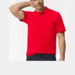 Red Custom Embroidered Polo Shirt – Gildan Softstyle® Adult Pique Polo 64800 shown on model